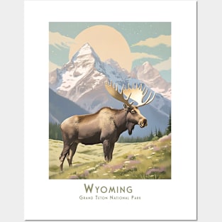 Vintage Retro Moose in Wyoming Grand Teton National Park Poster Posters and Art